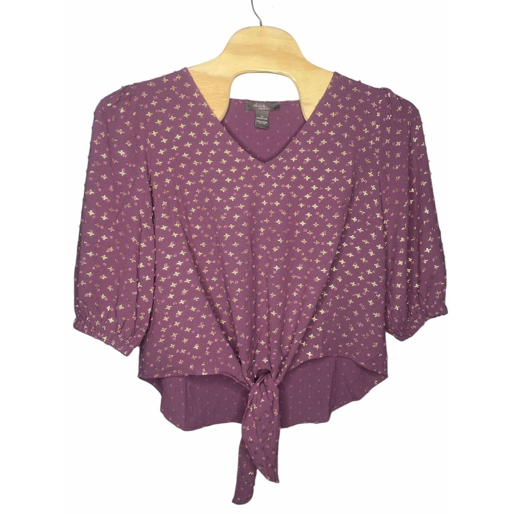 Olivia & Martin blouse womens size 1X purple boho boxy V Neck Tie Front gold